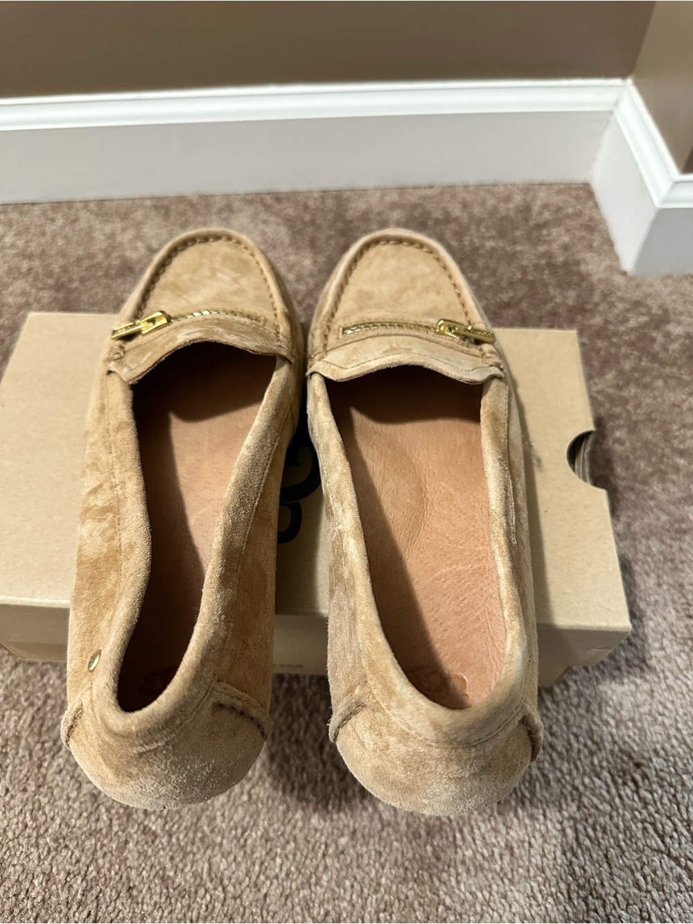 UGG Women’s Suede Loafers in Tan with Gold Accent